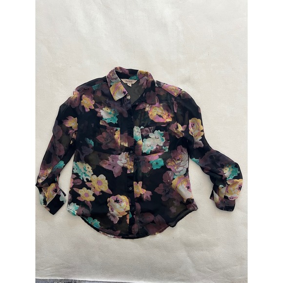 Decree Tops - Decree Women Black Floral Sheer Button Down Blouse Long Sleeve Shirt Size M